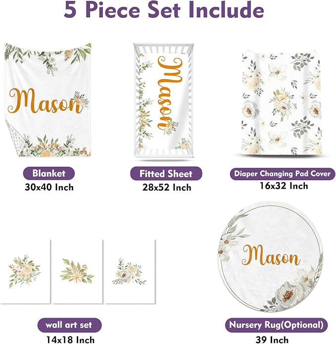 Floral Personalized Baby Crib Bedding Set – Custom Name 5-Piece Nursery Crib Set with Baby Blanket Fitted Sheet Changing Pad Cover Room Rug and Wall Art – Girl’s Nursery Decor