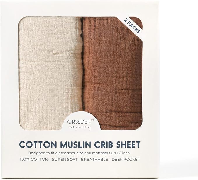 GRSSDER Soft Muslin Crib Sheet 2 Pack, 100% Cotton Crib Sheets for Boys and Girls, Fit Standard Crib Mattresses 52" x 28" Safe and Snug, Beige and Brown