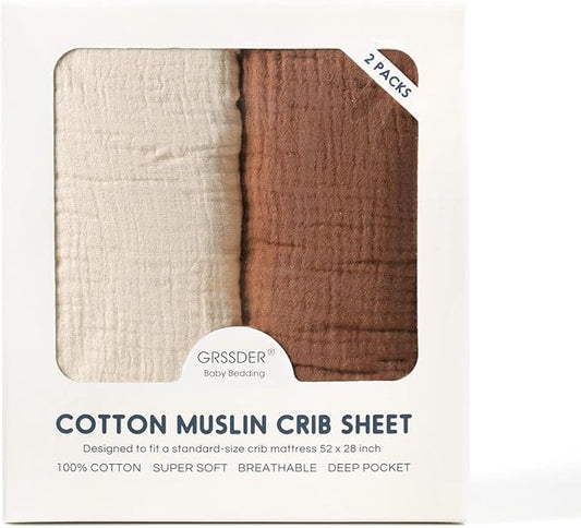GRSSDER Soft Muslin Crib Sheet 2 Pack, 100% Cotton Crib Sheets for Boys and Girls, Fit Standard Crib Mattresses 52" x 28" Safe and Snug, Beige and Brown