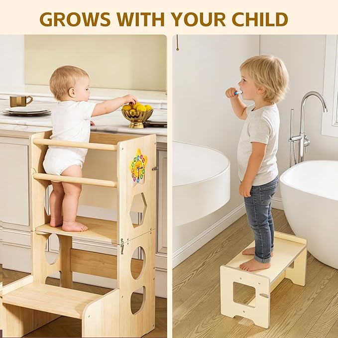 Acenova Toddler Kitchen Step Stool, 4 in 1 Foldable Learning Tower with Blackboard and Star Number Clock, Standing Step Stool Toddler Tower for Bathroom Sink, Kitchen Counter