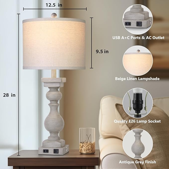 MOUVOVO 28" Tall Farmhouse Table Lamps Set of 2 with USB C+A Ports and AC Outlet, 3 Way Touch Tall Rustic Bedside Lamps for Living Room, Grey Vintage Lamps for Bedroom