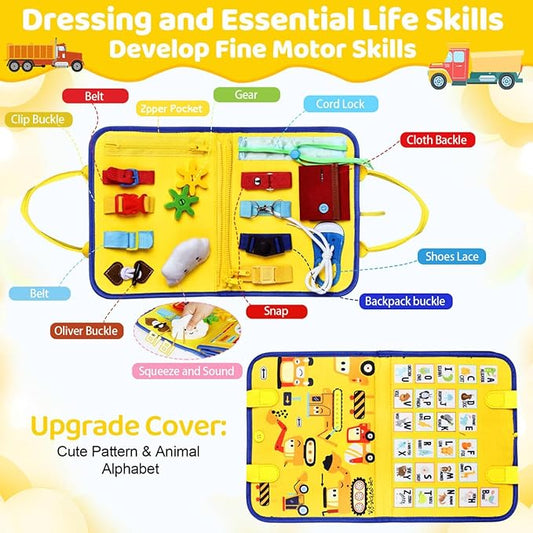 Esjay Toddler Busy Board Montessori Toys for Boys Girls, Sensory Book Educational Activities for Learning Fine Motor Skills, Birthday Gifts for Toddlers, Travel Toys for Airplane Car, Yellow Truck