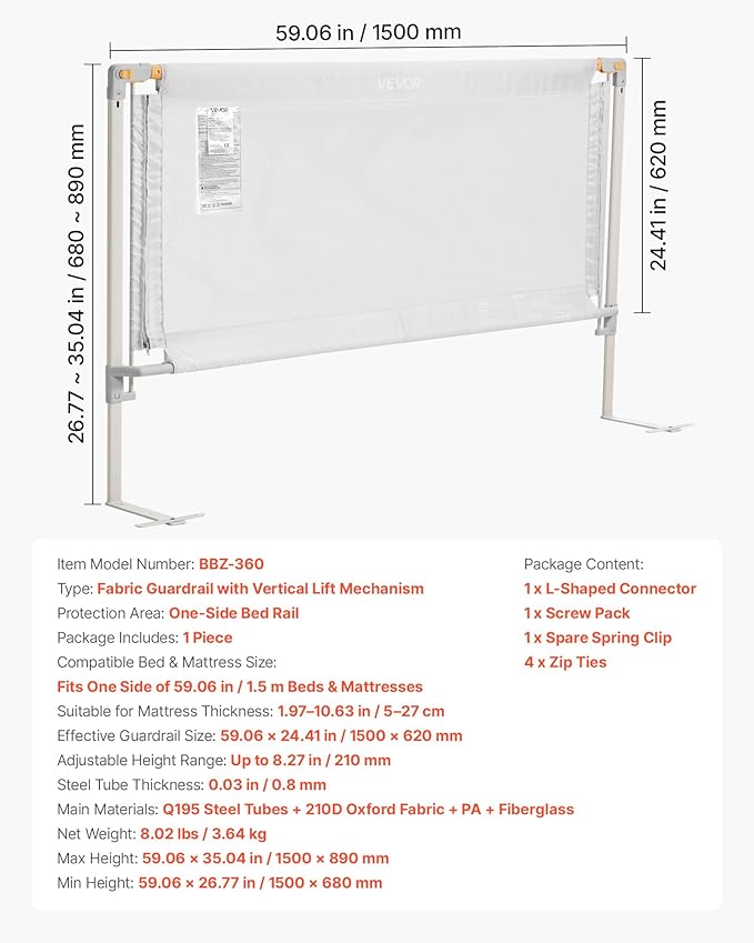 VEVOR Toddler Bed Rail, Kids Beds Guard Rail with Reinforced Iron Pipe and Oxford Cloth, Adjustable Height Bed Side Railing, Portable Guard Bumper Barrier for Crib, Bunk, 59.06 x 35.04 in, 1 Piece