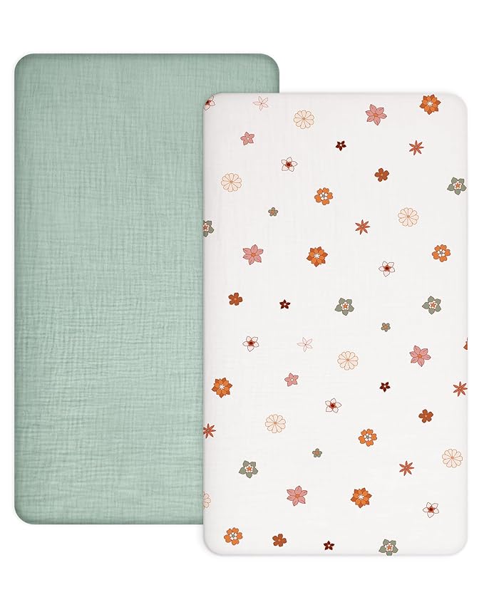 Pack and Play Sheets for Baby Boy and Girl 2 Pack, Neutral Muslin Cotton Pack N Play Mattresses Sheet 27"x39", Muslin Nursery Bedding Soft and Breathable Comfort (Sage & Flower-B)