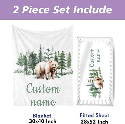Woodland Bear Theme Personalized Crib Bedding Set - 2 Piece Custom Name Crib Set with Blanket and Crib Sheet for Infant, Crib Set for Newborns Infant, Comfort and Soft