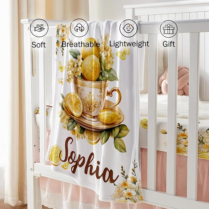Custom Baby Crib Bedding Set, Personalized Name Lemon Tea Design Crib Set 3 Pcs, Soft Double Layer Blanket, Crib Sheet & Room Rug, Ideal Nursery Decor Gift for Baby Girls Boys
