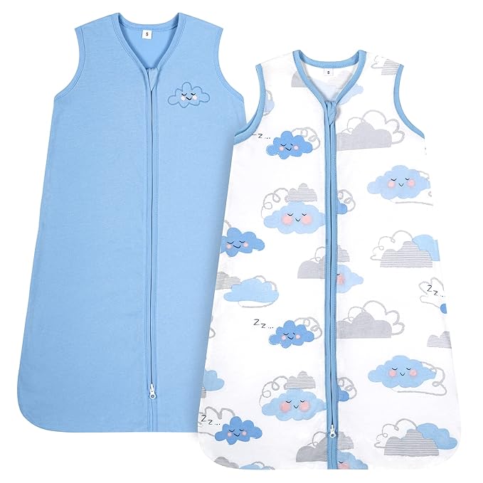 TILLYOU 2 Pack Baby Sleep Sack 6-12 Months 100% Cotton Wearable Blanket 0.5 TOG Sleeveless Summer Sleep Sacks with 2-Way Zipper, Small Cloud & Blue