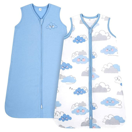 TILLYOU 2 Pack Baby Sleep Sack 12-18 Months 100% Cotton Wearable Blanket 0.5 TOG Sleeveless Summer Sleep Sacks with 2-Way Zipper, Small Cloud & Blue