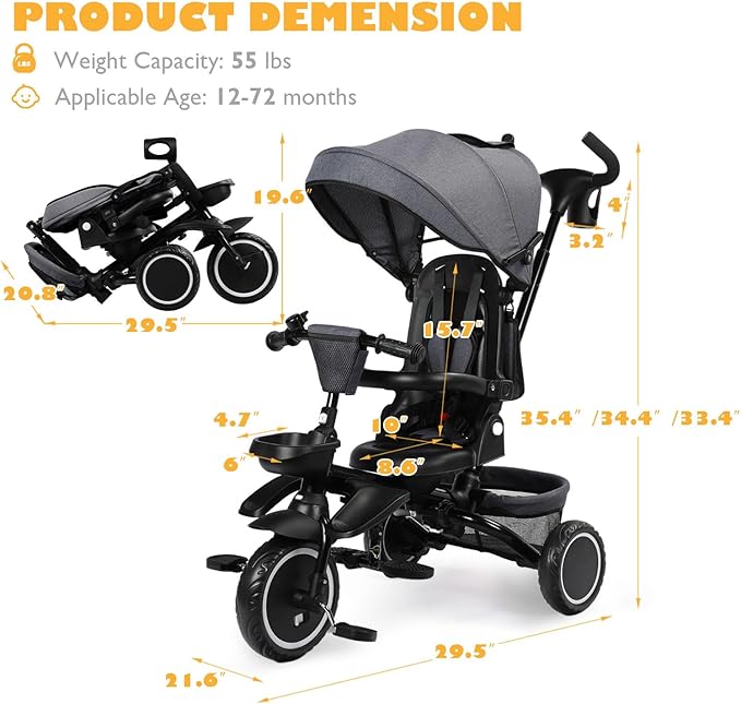 Folding Kids Tricycle, 8 in 1 Baby Trike W/Removable & Adjustable Canopy, Parent Handle, 5-Piont Safety Harness, Toddler Bike Stroller for Kids 1-6 Years, EVA Wheels, Storage Basket, Grey