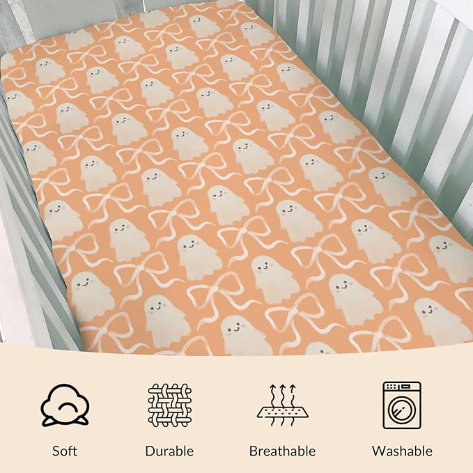 Halloween Spooky Orange Bows Baby Crib Sheets Cute Pastel Bows Soft Crib Sheet Spooky Season Fitted Crib Mattress Cover for Standard Crib and Toddler Mattresses 52"x28"