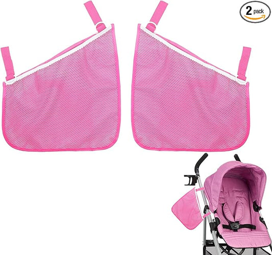 Peixiong 2 Pack Side Sling Cargo Stroller Net, Universal Stroller Organizer Bag, Non-Slip and Adjustable Straps Storage Mesh Cargo Net for Stroller Storage (Pink)