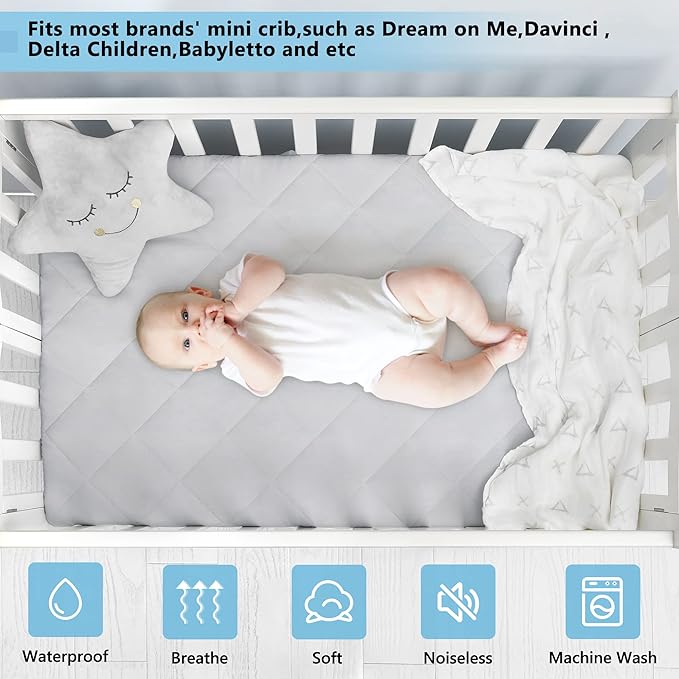 TILLYOU Pack and Play Sheets Pad - Waterproof Play Yard Playpen Sheets Pad, Soft Quilted Sheets with 1''-3'' Deep Pocket, Breathable and Fluffy, 39"x27",Light Grey
