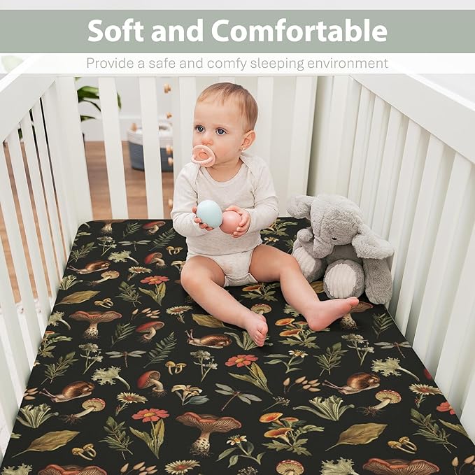Fairytale Mushroom Baby Crib Sheets for Boy Girl 52x28Inch Retro Mushrooms Floral Leaves Soft Snug Fitted Crib Mattress Cover Magical Plant Baby Sheet for Standard Crib & Toddler Bed Mattress