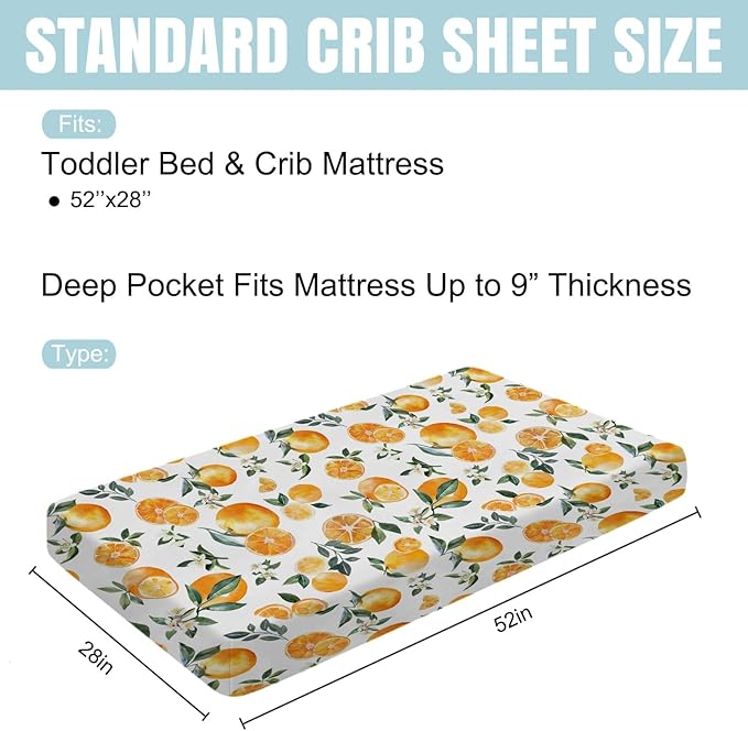 Watercolor Oranges Baby Crib Sheet 52''x28'' Retro Orange Floral Leaves Stretchy Fitted Crib Mattress Cover for Boy Girl Boho Summer Fruits Soft Bed Sheets for Standard Crib Toddler Mattress
