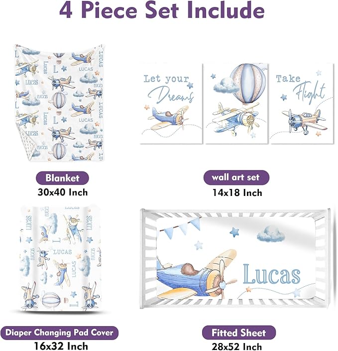 Personalized Baby Crib Bedding Set: 4 Piece Custom Gift Crib Bed Set with Name - Toy Airplane Design, Nursery Bedding Set for Baby Girls,Newborn Boys Girls Crib Sets, Crib Bedding Shower Gifts
