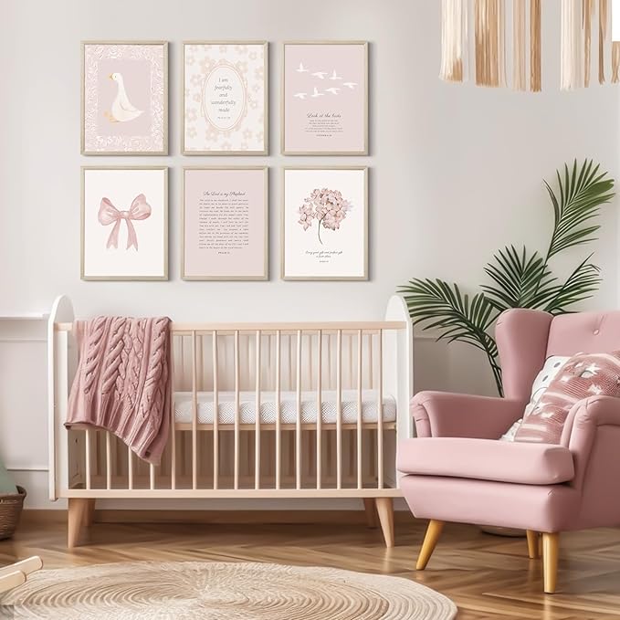 Nursery Christian Wall Art Bible Verse Prints Pink Girl Nursery Room Canvas Wall Decor Coquette Bow Poster Jesus Boho Scripture Pictures Vintage Floral Artwork for Bedroom 12x16x6 Inch Framed