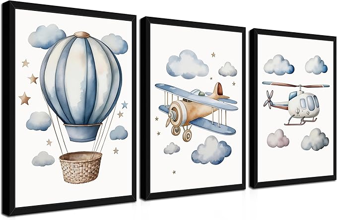 Baby Boy Nursery Wall Art Set of 3, Vintage Blue Travel Boys Room Wall Decor Paintings, Toddler Hot Air Balloon Plane Helicopter Posters Prints Pictures for Kids Room Bedroom 12x16 Inch Wood Framed