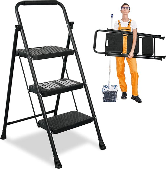 3 Step Ladder, Portable Steel Folding Stool with Wide Anti-Slip Pedal, 500lbs Sturdy Steel Ladder, Black