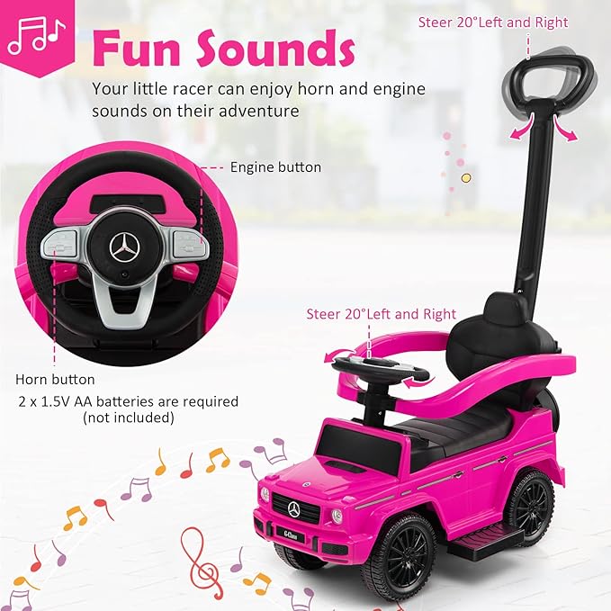 Costzon Push Car for Toddlers, 3 in 1 Mercedes Benz Stroller Sliding Walking Car w/Canopy, Handle, Armrest Guardrail, Underneath Storage, Horn Sound, Foot-to-Floor Ride On Toy for Boys Girls (Pink)