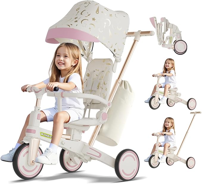 WinHope 9-in-1 Push Tricycle for Toddlers 1-3 Years | Convertible Kids Trike with Adjustable Parent Handle & Safety Harness, Lightweight Foldable Design + Storage Basket for Boys & Girls (Pink)