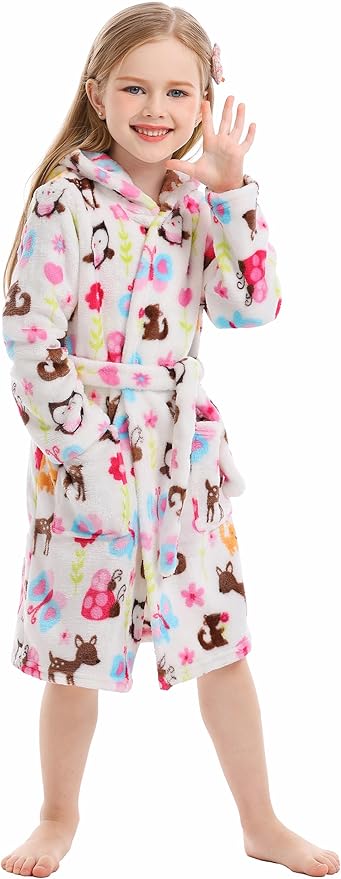 Toddler Robes Cute Pattern Bathrobe Unisex Kids Robe Baby Flannel Hoodie Pajamas Sleepwear