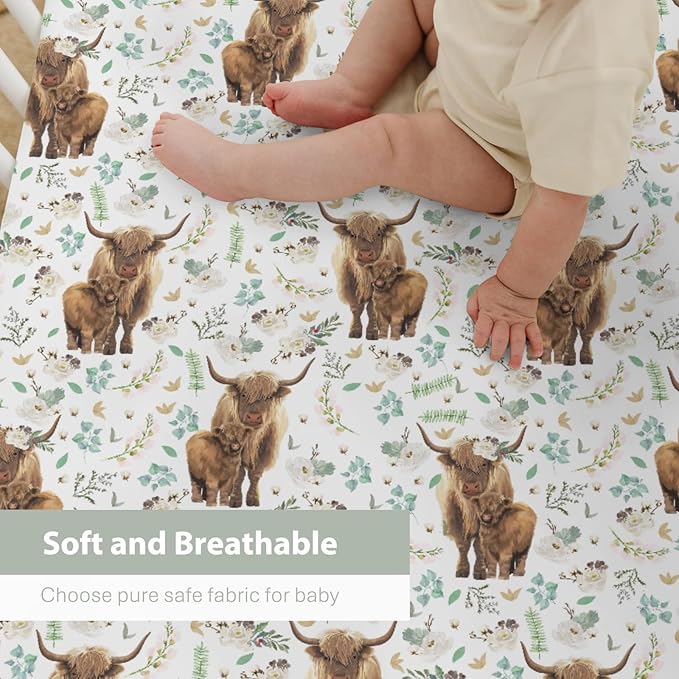 Floral Highland Cow Baby Crib Sheets for Boy Girl 28"x52" Cute Watercolor Cows Yak Cattle Soft Snug Fitted Crib Mattress Cover Spring Farm Animal Baby Sheet for Standard Crib & Toddler Bed Mattress
