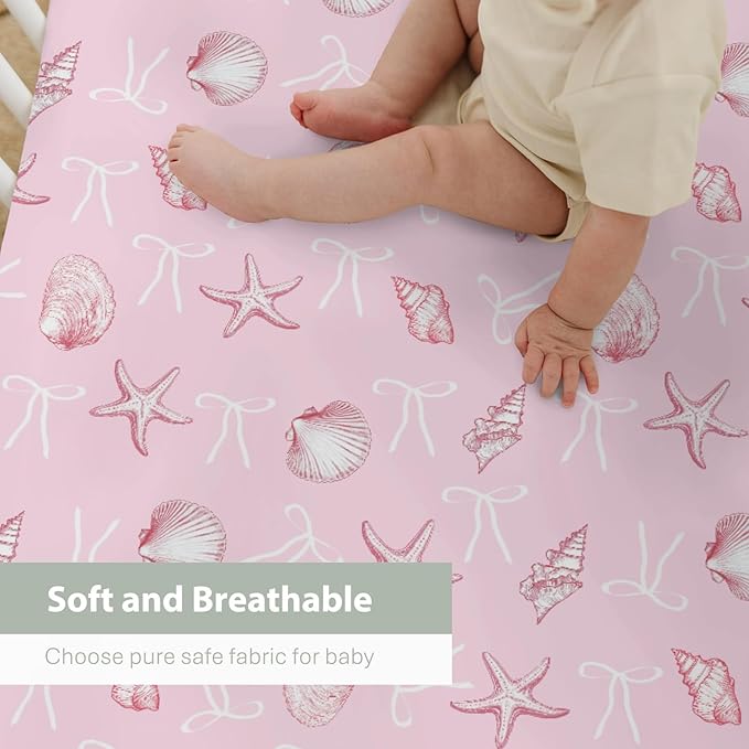 Summer Conches Bows Sea Baby Crib Sheets for Boy Girl 52"x28" Ocean Seashells Beach Soft Snug Fitted Crib Mattress Covers Boho Nautical Life Baby Sheet for Standard Crib and Toddler Bed Mattress Pink