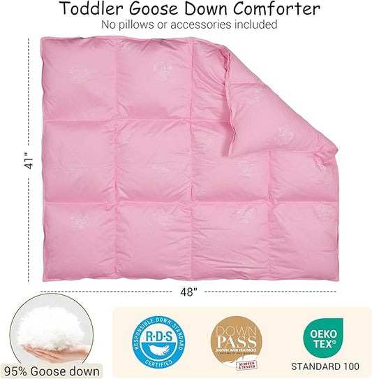 ZPECC Toddler Goose Down Comforter, 41x48 Hypoallergenic Baby Duvet Insert, Soft Lightweight All Season Quilt Blanket for Crib Daycare Stroller Pink