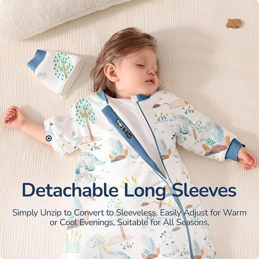 Baby Sleep Sack 3–6 Months, Cotton Sleep Sack with Detachable Long Sleeves, 1.0 TOG Wearable Blanket for Cooler Nights, 2-Way Zipper Toddler Sleeping Sack with Temperature Strip, Dinosaur