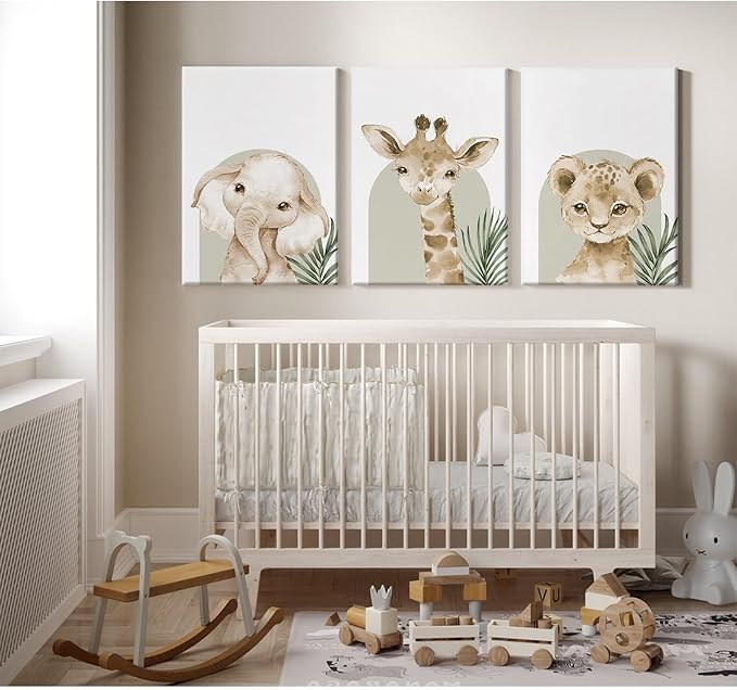 Animal Wall Art Pictures Baby Nursery Canvas Wall Art Decor Safari Animal Prints Jungle Kids Wall Art Woodland Nursery Wall Decor Giraffe Jungle Poster for Room 16x24 Inch Framed Set of 3