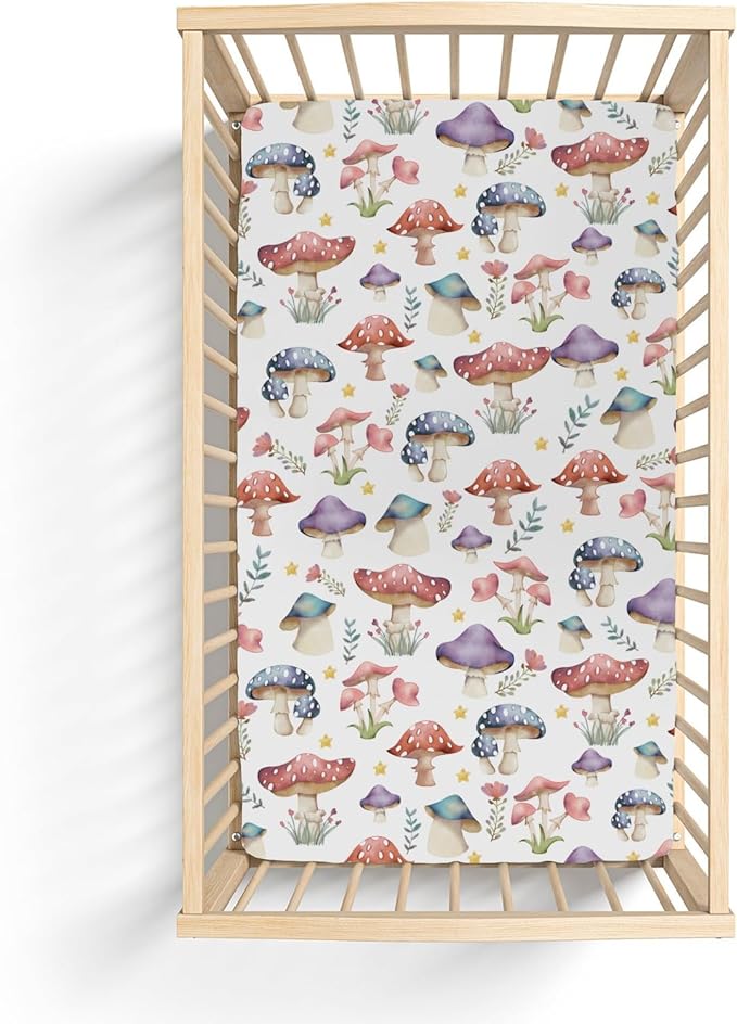Fairytale Mushroom Baby Crib Sheets for Boy Girl 52x28Inch Colorful Mushrooms Floral Leaves Soft Snug Fitted Crib Mattress Cover Magical Plant Baby Sheet for Standard Crib & Toddler Bed Mattress