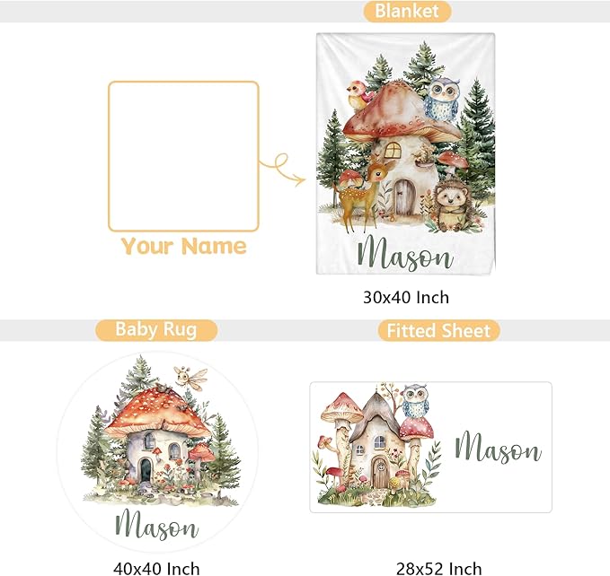 Personalized Baby Bedding Set - 3 Pcs Custom Name Crib Bedding Set for Nursery - Soft Double Layer Baby Crib Set for Boys Girls, Customized Gifts for New Parents Infant Toddler - Forest Animal