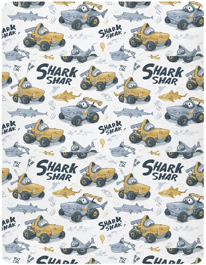 White Shark Race Cars Crib Sheets Standard Crib Toddler Mattresses Cover Fitted Baby Bed Sheet Breathable Crib Mattress Sheet for Girls Boys 52" x 28"x5''