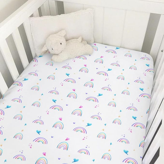 Rainbow Baby Crib Sheet 52''x28'' Cute Rainbow Love Colorful Stretchy Fitted Crib Mattress Sheet for Boy Girl Crib Mattress Sheet Toddler Bed Sheets for Standard Crib and Toddler Mattresses