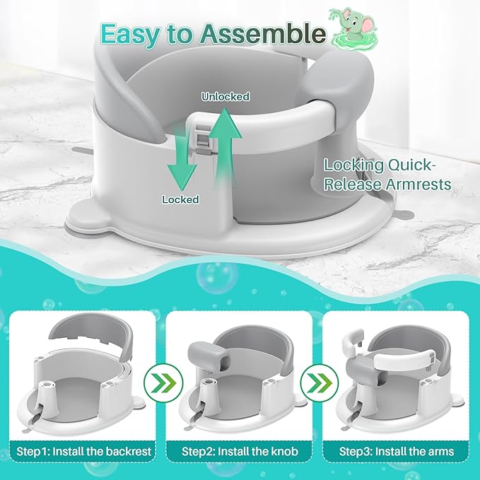 Inaya Baby Bath Seat for Babies 6 Months & Up, Non-Slip, Safe and Comfortable Bathub Chair for Sitting-Up, Ideal Open Design – Essential Bath Time Support (Grey)
