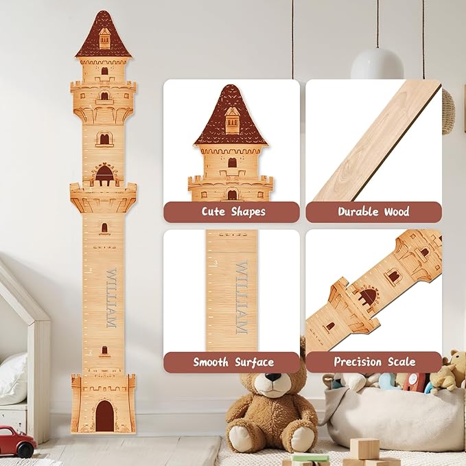 Woodemon Personalized Name Growth Chart, Castle Height Chart, Customized Name Measuring Board for Kids Height, Kids Growth Measurement Decorative Wall Sticker, Nursery Growth Chart Ruler