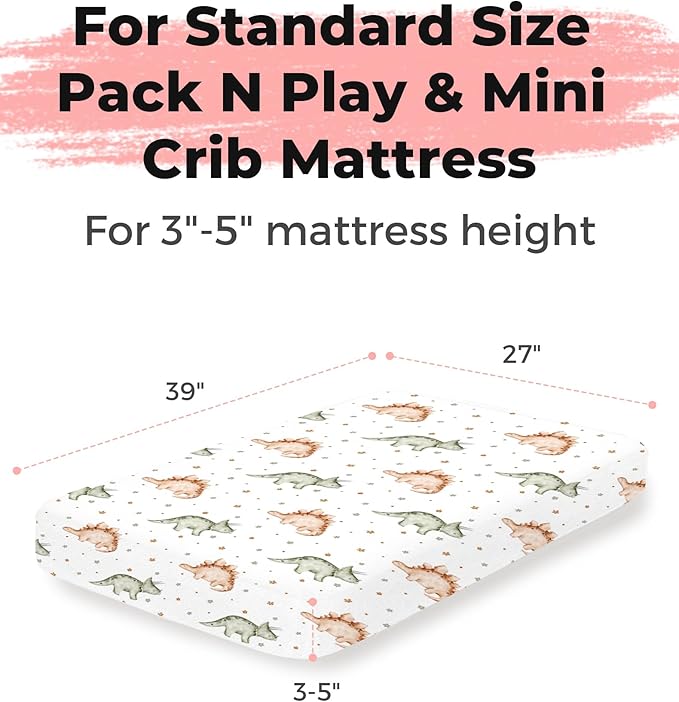 Pack and Play Sheets 2 Pack, Fitted Jersey Knit Mini Crib Sheets for Baby Boys and Girls, Compatible with Graco Pack N Play and Mini Crib Mattress (Tiny Dinos, Pack N Play/Mini Crib Sheets)
