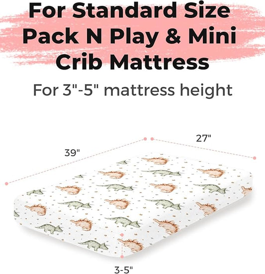 Pack and Play Sheets 2 Pack, Fitted Jersey Knit Mini Crib Sheets for Baby Boys and Girls, Compatible with Graco Pack N Play and Mini Crib Mattress (Tiny Dinos, Pack N Play/Mini Crib Sheets)
