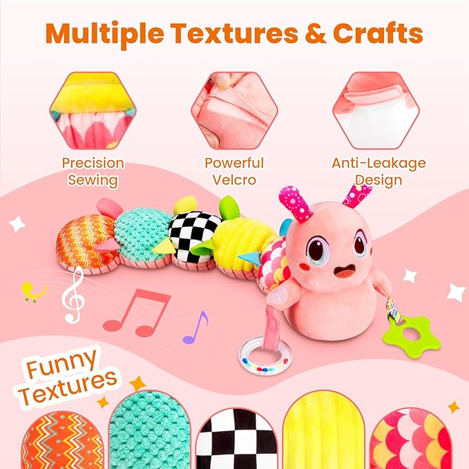 Baby Toys 0-6 Months, Washable Baby Musical Caterpillar Toys with 10 Kid's Songs,Rattles,BabyTeething Toys,Suitable for 0-6, 6-12 Months Infant Tummy Time Toy,Newborn Baby Boy&Gril Gifts(Pink)
