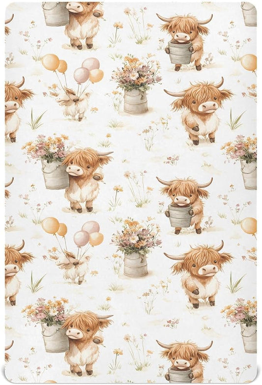 Baby Crib Sheets Fitted Crib Sheet Standard Crib and Toddler Mattress for Boys Girls 39 * 27in Pink Starfish Shell Pattern (Highland Cows Flower Ball Pattern, Small)
