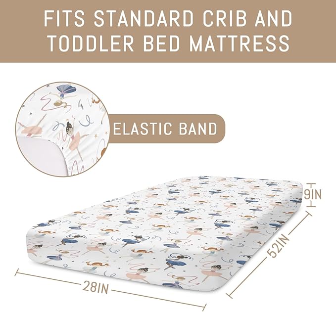 Cream Dancing Girls Baby Crib Sheets for Girls Neutral Little Ballet Dancers Soft Snug Fitted Crib Mattress Covers for 52''x28'' Standard Crib & Toddler Mattress Pad Girly Ballet Dancer Baby Sheets