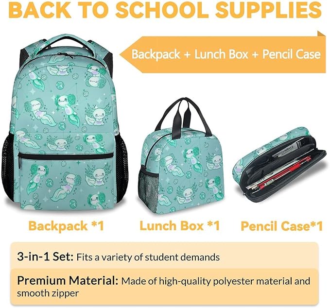 Mercuryelf Axolotl Girls Backpack with Lunch Box Set, 3 in 1 School Travel Backpacks Matching Combo, Cute Emerald Green Bookbag and Pencil Case Bundle