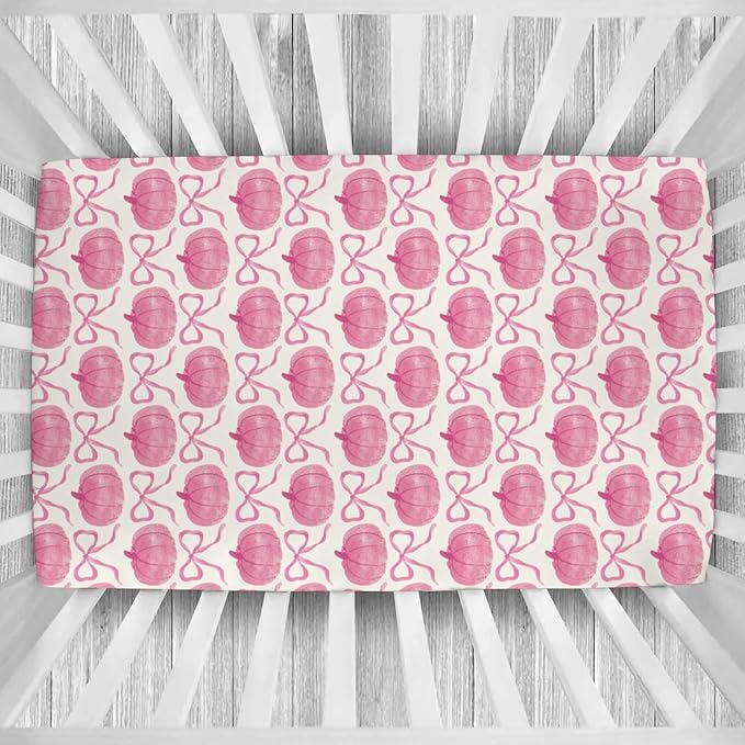Fall Pumpkins Pink Bows Baby Crib Sheets Vintage Autumn Pumpkins Baby Sheet Thanksgiving Harvest Fitted Crib Mattress Cover for Standard Crib and Toddler Mattress 28"x52"