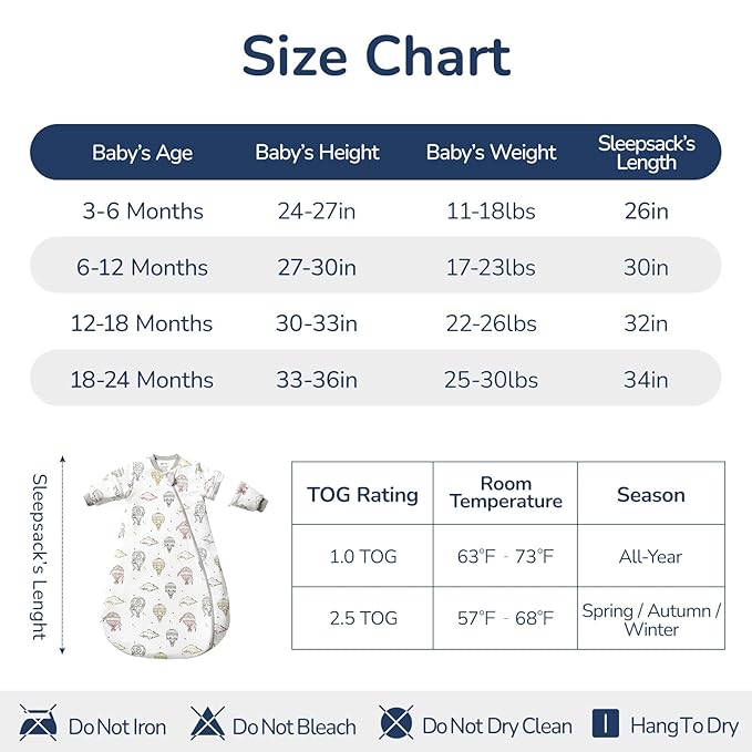 Baby Sleep Sack 3–6 Months, 2.5 TOG Warm Cotton Sleep Sack with Detachable Long Sleeves, Winter Wearable Blanket for Cold Nights, 2-Way Zipper Toddler Sleeping Sack, Hot Air Balloon