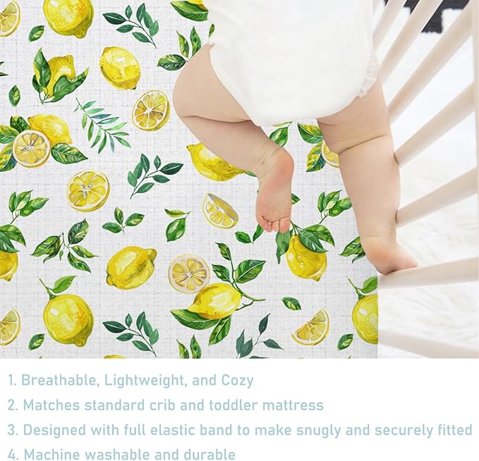Watercolor Fresh Lemons Baby Crib Sheet 52''x28'' Summer Lemon Green Leaves Stretchy Fitted Crib Mattress Cover for Boy Girl Tropical Fruit Soft Nursery Bed Sheet for Standard Crib Toddler Mattress