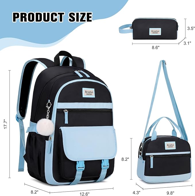 Bevalsa Backpack for Girls, School Backpacks for Girls, Kids Backpack with Lunch Box & Pencil Pouch for Teens Girl Kids Elementary Middle High School College Student Bookbag Daypack (Blue Black)