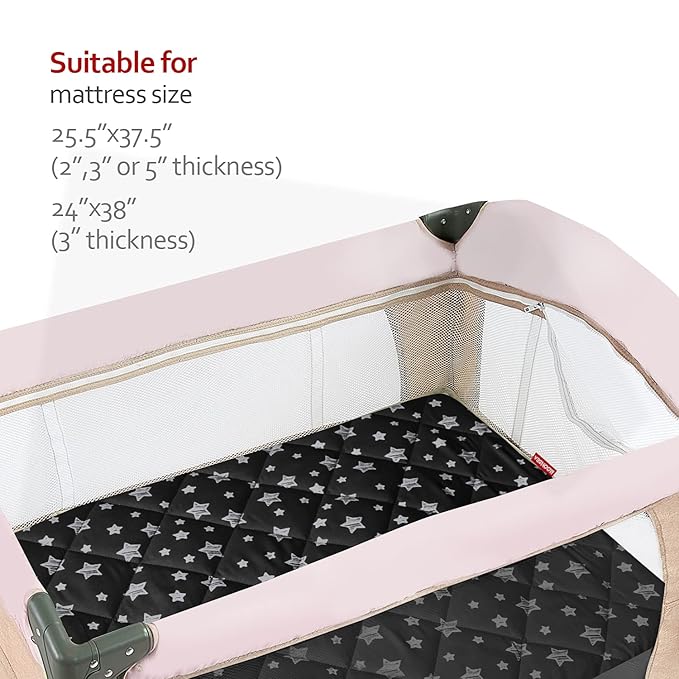Pack and Play Sheets Fitted 2 Pack, Compatible with Graco Pack n Play, Soft and Breathable Playpen Sheets 39"×27"×5", Gray Star&Black Star