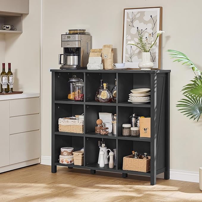 Joaxswe 9 Cube Bookcase, Farmhouse 47 Inch Wide Black Bookshelf, Wooden 3 Tier Display Large Open Book Shelf, Vintage Horizontal Book Case for Home Office, Cubby Storage Cabinet for Living Room