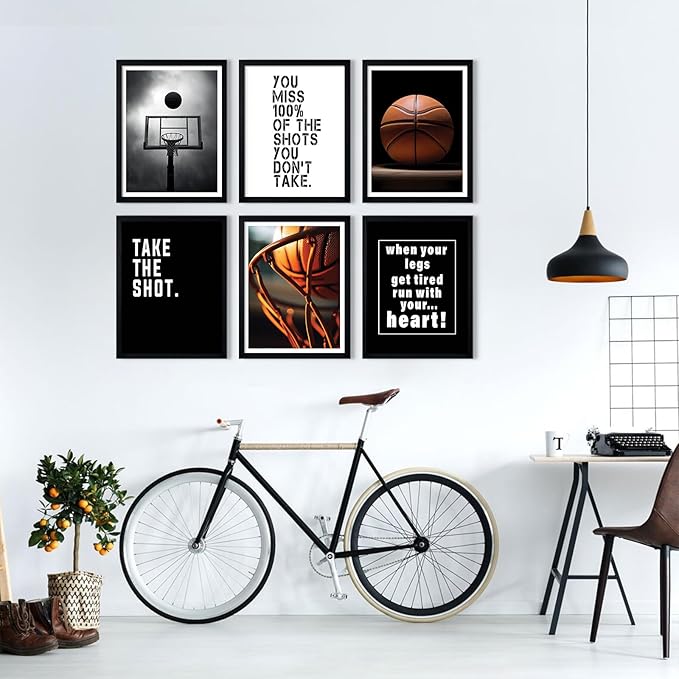 Basketball Wall Art Sports Canvas Poster Boys Room Wall Decor Inspirational Basketball Prints Motivational Quote Pictures Teen Sports Painting Black White Artwork for Kids Bedroom 12x16 Inch Unframed