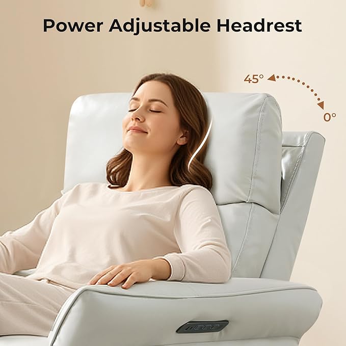 CHITA Genuine Leather Power Recliner Chair, Electric Triple-Motor Swivel Glider Nursery Rocking Chair with Adjustable Power Headrest and Lumbar Support, Solid Wood Base, Creamy Grey